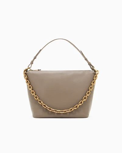 Emporio Armani - Medium leather hobo bag with chain, Woman, Beige, Size: TU