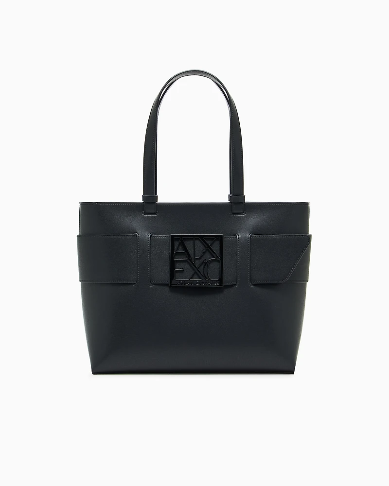 Armani Exchange - Medium shopper bag with tone-on-tone monogram, Woman, Black, Size: TU