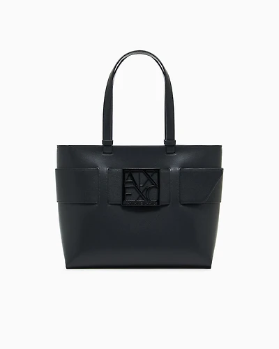 Armani Exchange - Medium shopper bag with tone-on-tone monogram, Woman, Black, Size: TU