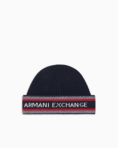 Armani Exchange - WOOL BLEND LOGO LETTERING BEANIE, Man, Blue, Size: TU