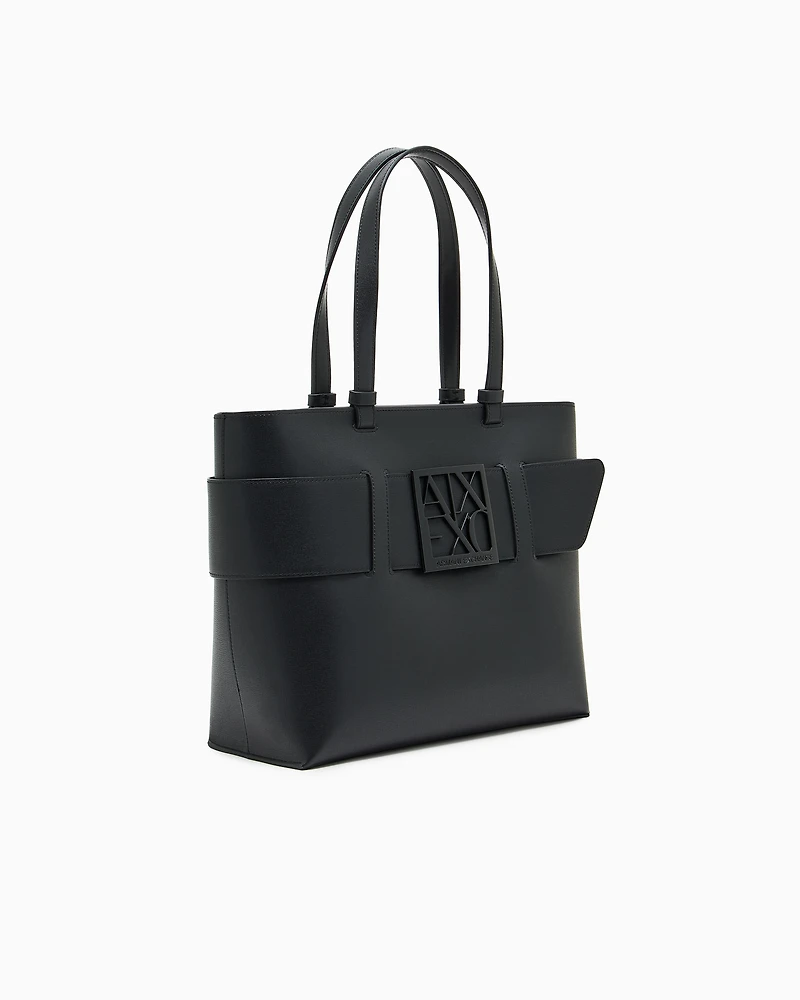 Armani Exchange - Medium shopper bag with tone-on-tone monogram, Woman, Black, Size: TU