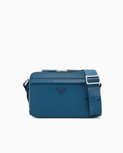 Emporio Armani - ASV regenerated Saffiano leather mini camera bag with eagle plate, Man, Blue, Size: TU