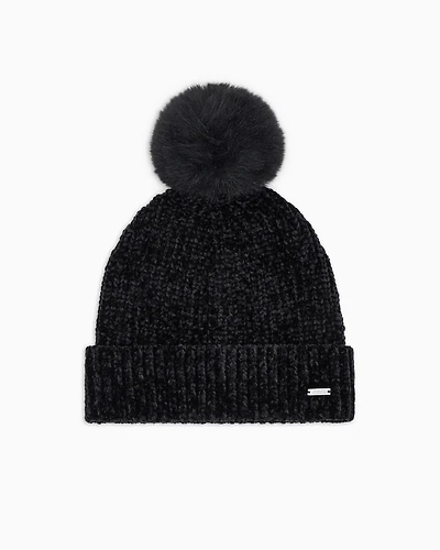 BLACK KNITTED FAUX FUR POM BEANIE