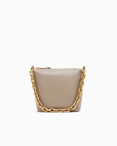 Emporio Armani - Leather small hobo bag with chain, Woman, Beige, Size: TU