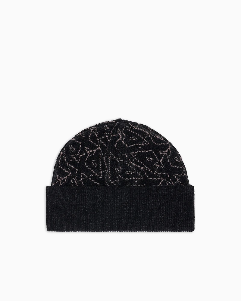 Armani Exchange - Beanie hat with allover logo, Man, Black, Size: TU