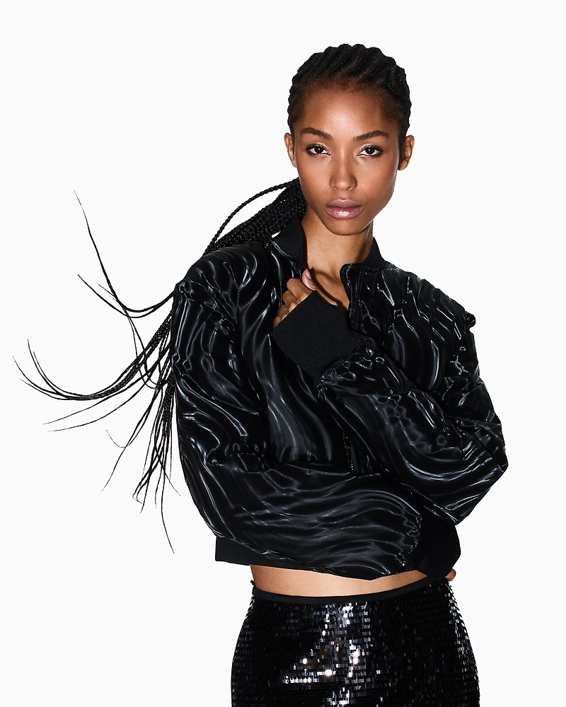 Short Bomber Jacket with Embossed Pattern