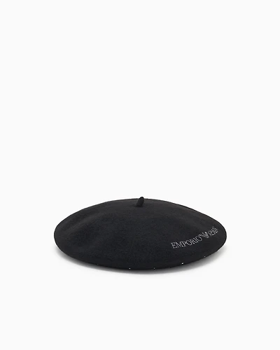 Emporio Armani - Wool beret with a micro-stud logo, Woman, Black, Size: