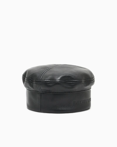 Emporio Armani - Nappa leather beret with logo, Woman, Black, Size: