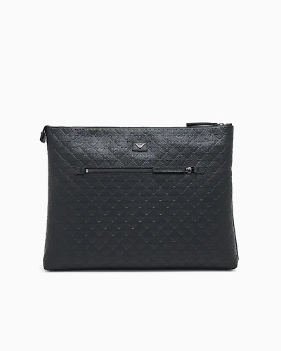 Emporio Armani - Leather document holder with all-over embossed eagle , Man, Black, Size: TU