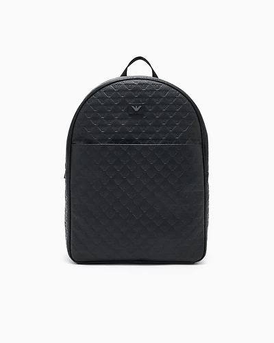 Emporio Armani - Leather backpack with all-over embossed eagle , Man, Black, Size: TU