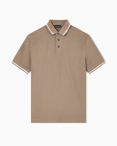 Emporio Armani - Piqué polo shirt with micro eagle embroidery and trim, Man, Beige, Size:
