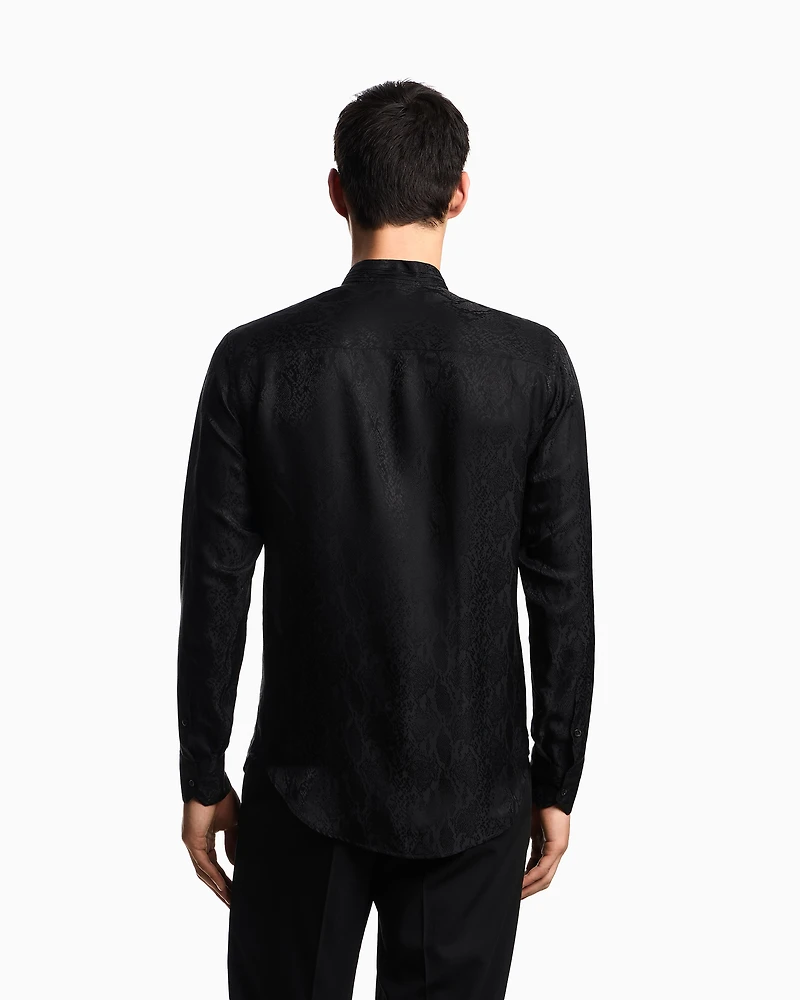Emporio Armani - Silk-blend animal jacquard shirt with guru collar, Man, Black, Size: