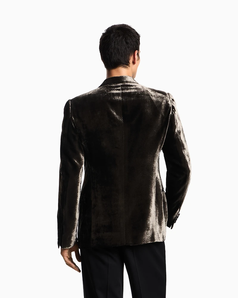 Emporio Armani - Velvet single-breasted jacket with printed chevron motif, Man, Grey, Size:
