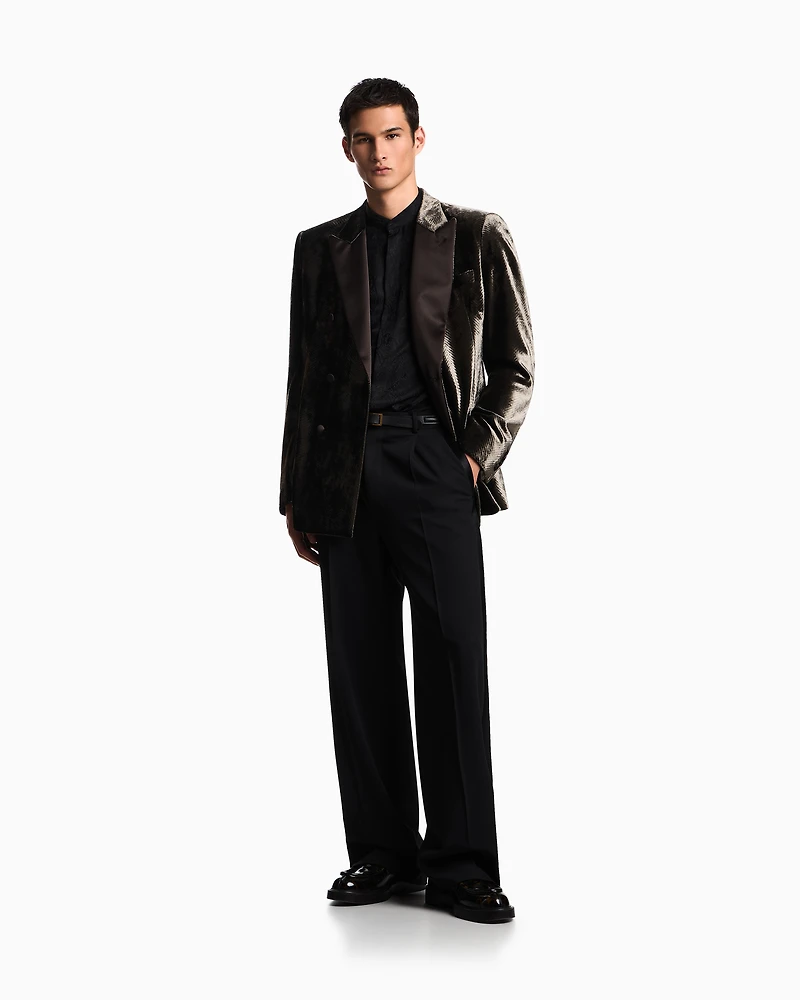 Emporio Armani - Silk-blend animal jacquard shirt with guru collar, Man, Black, Size: