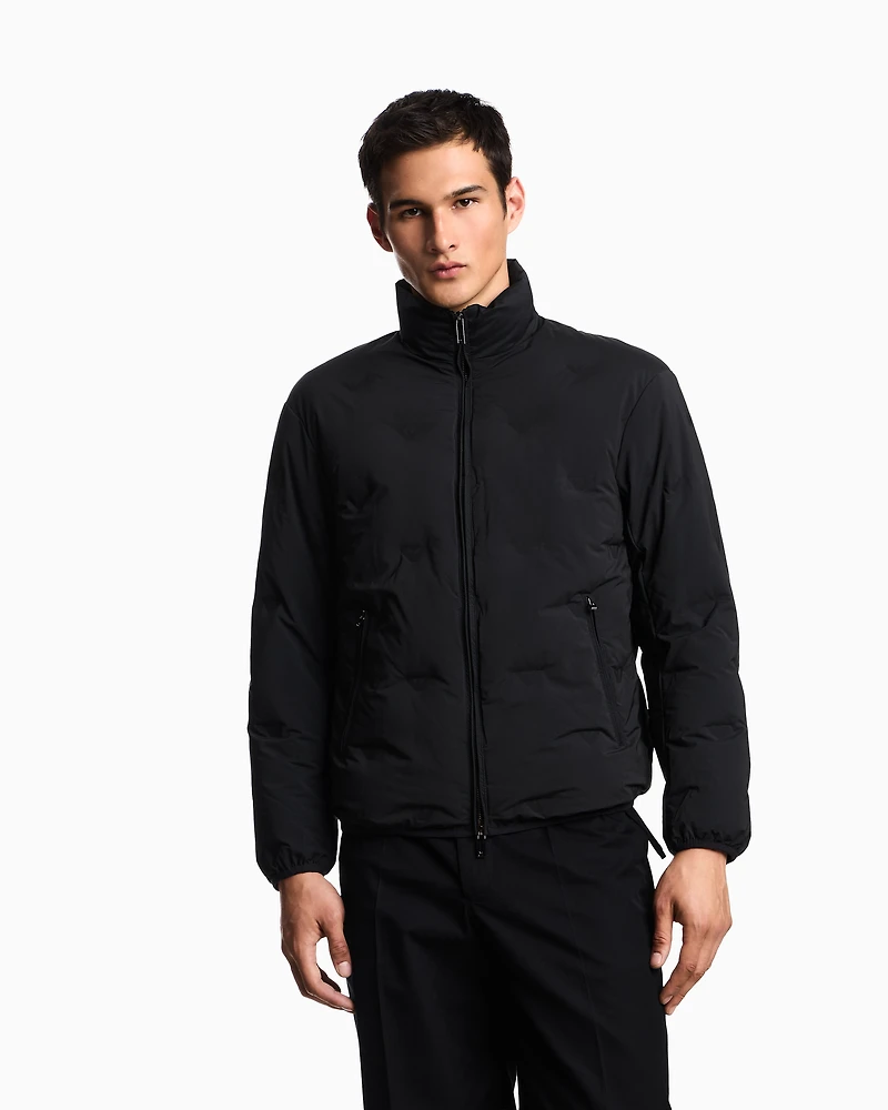 Emporio Armani - Full-zip nylon down jacket with inlaid all-over micro eagles, Man, Black, Size: