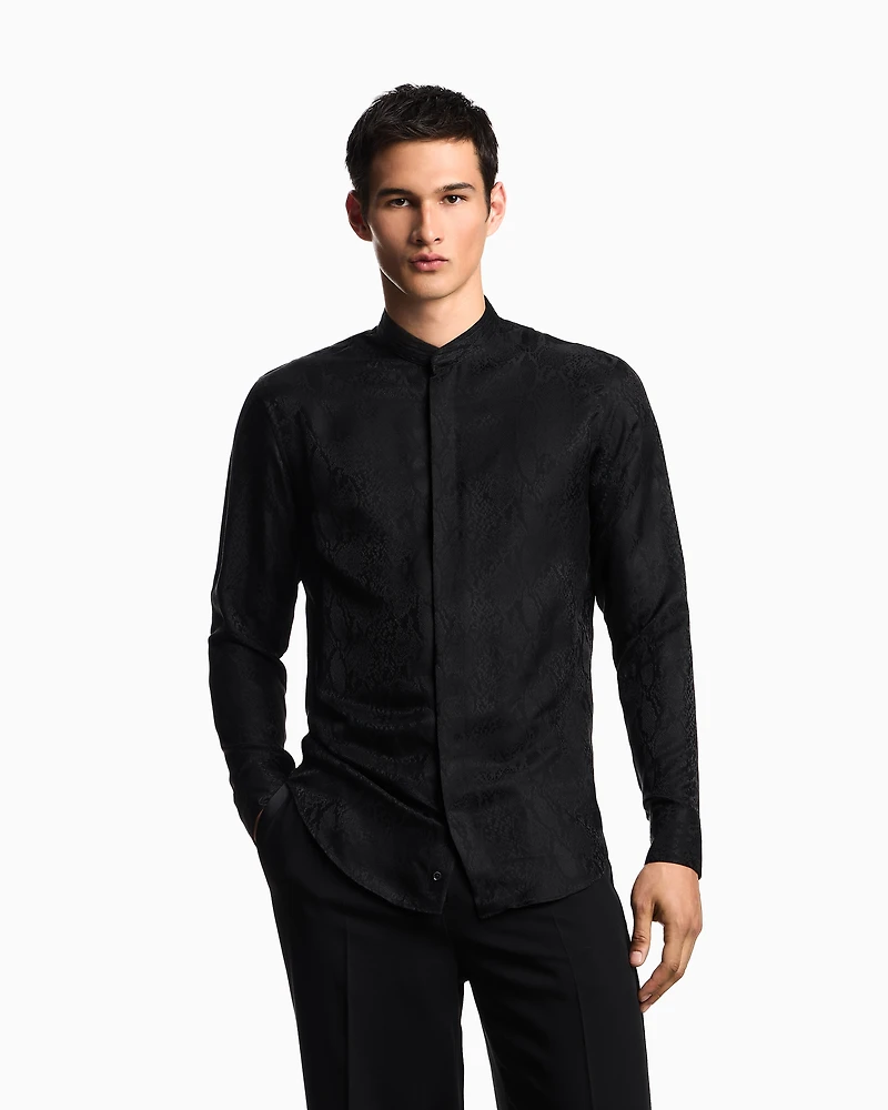 Emporio Armani - Silk-blend animal jacquard shirt with guru collar, Man, Black, Size: