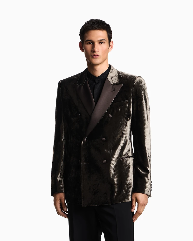 Emporio Armani - Velvet single-breasted jacket with printed chevron motif, Man, Grey, Size: