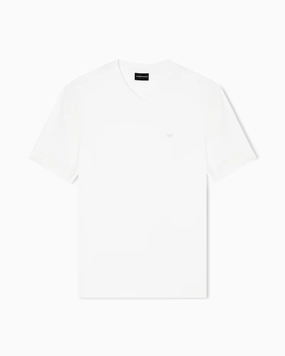 Emporio Armani - Modal jersey V-neck T-shirt with micro eagle embroidery, Man, White, Size: