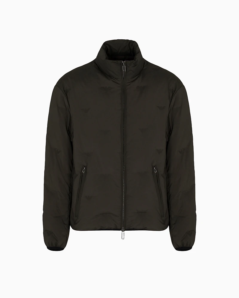 Emporio Armani - Full-zip nylon down jacket with inlaid all-over micro eagles, Man, Green, Size: