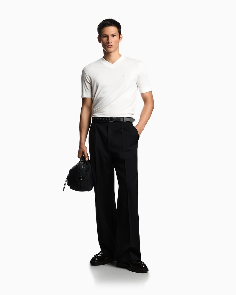 Emporio Armani - Modal jersey V-neck T-shirt with micro eagle embroidery, Man, White, Size: