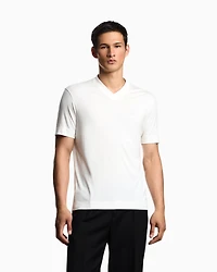 Emporio Armani - Modal jersey V-neck T-shirt with micro eagle embroidery, Man, White, Size: