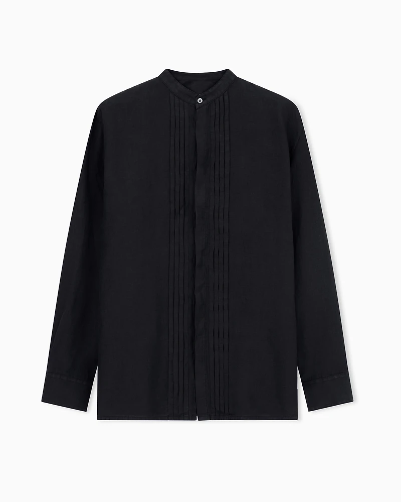 Emporio Armani - Garment-dyed linen shirt with guru collar and pleated detail, Man, Black, Size:
