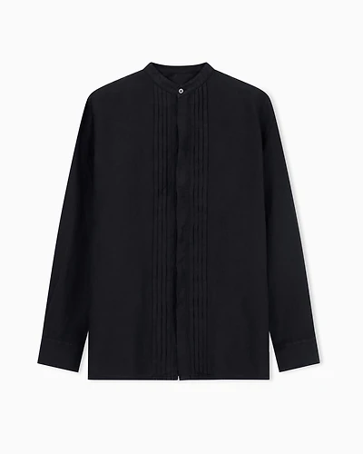 Emporio Armani - Garment-dyed linen shirt with guru collar and pleated detail, Man, Black, Size: