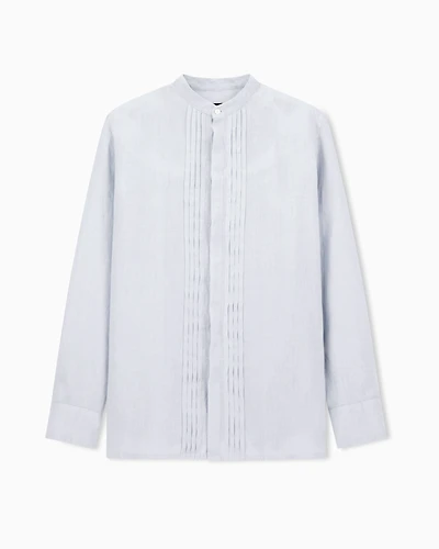 Emporio Armani - Garment-dyed linen shirt with guru collar and pleated detail, Man, Grey, Size:
