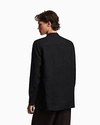 Emporio Armani - Garment-dyed linen shirt with guru collar and pleated detail, Man, Black, Size: