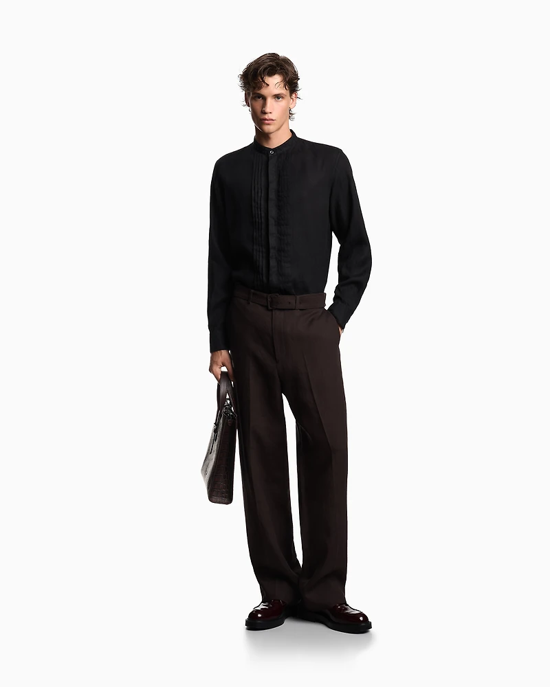 Emporio Armani - Garment-dyed linen shirt with guru collar and pleated detail, Man, Black, Size: