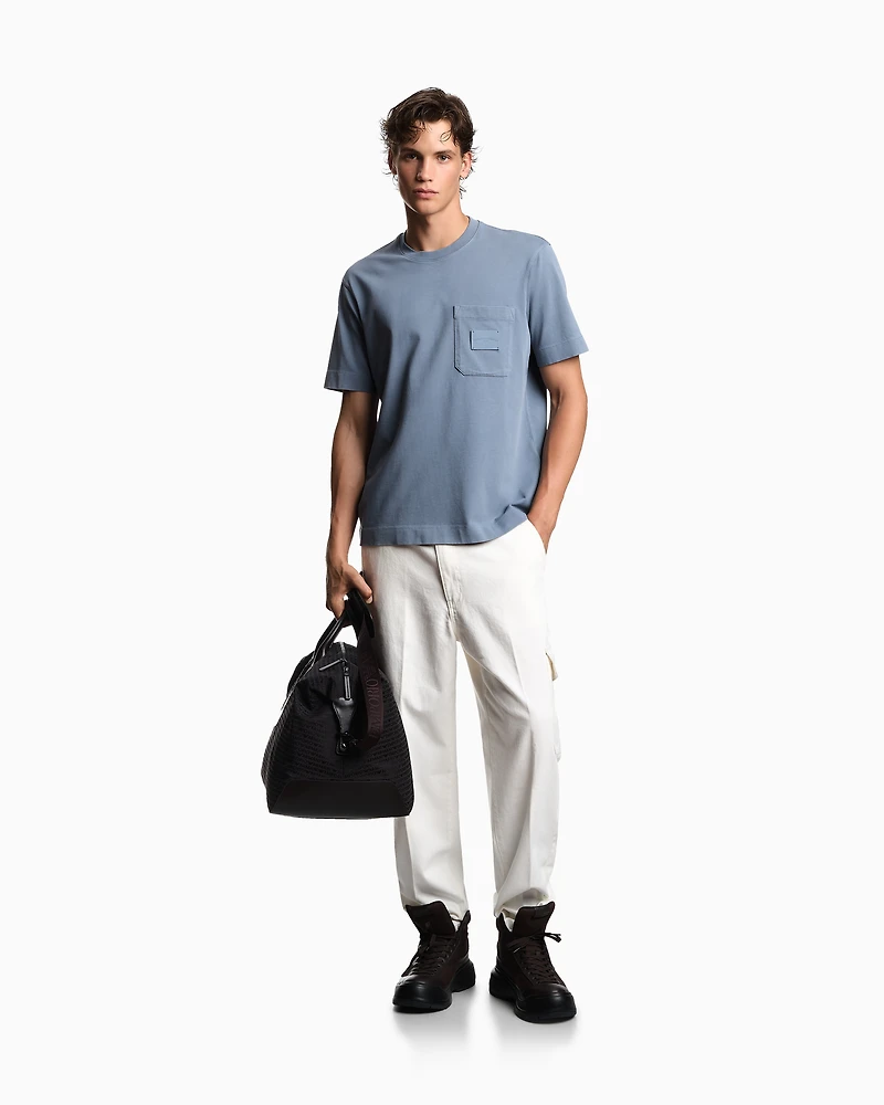 Emporio Armani - ASV jersey T-shirt with leather logo patch, Man, Light Blue, Size: