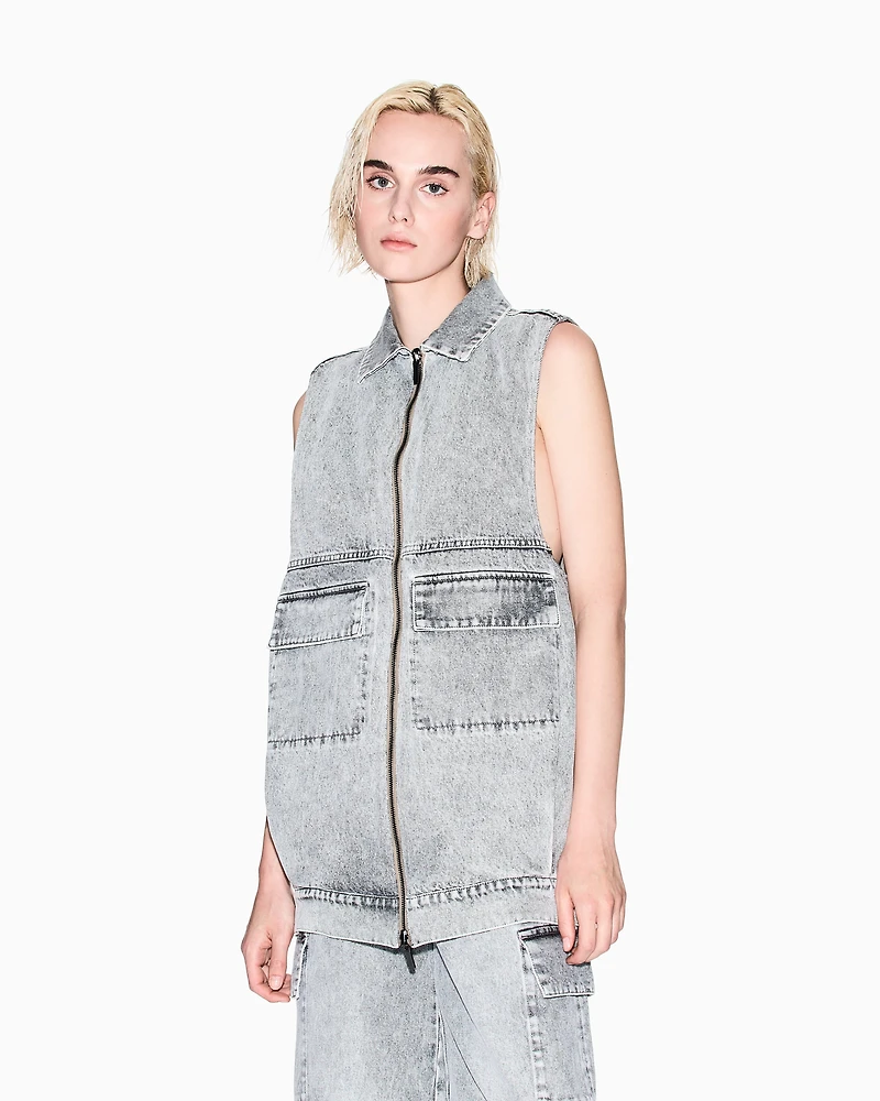 Long vest stone washed denim
