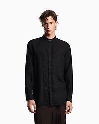 Emporio Armani - Garment-dyed linen shirt with guru collar and pleated detail, Man, Black, Size: