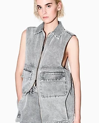 Long vest stone washed denim
