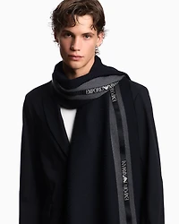 Emporio Armani - Wool scarf with logo tape, Man, Navy Blue, Size: TU