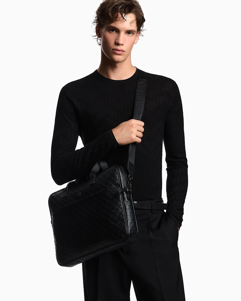 Emporio Armani - Business bag in leather with all-over embossed eagle , Man, Black, Size: TU