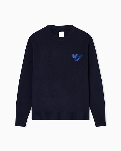 Emporio Armani - New York Capsule Collection virgin-wool jumper with jacquard writing, Man, Blue, Size: