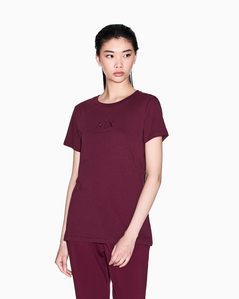 Armani Exchange - Regular fit T-shirt with glitter logo, Woman, Burgundy, Size: