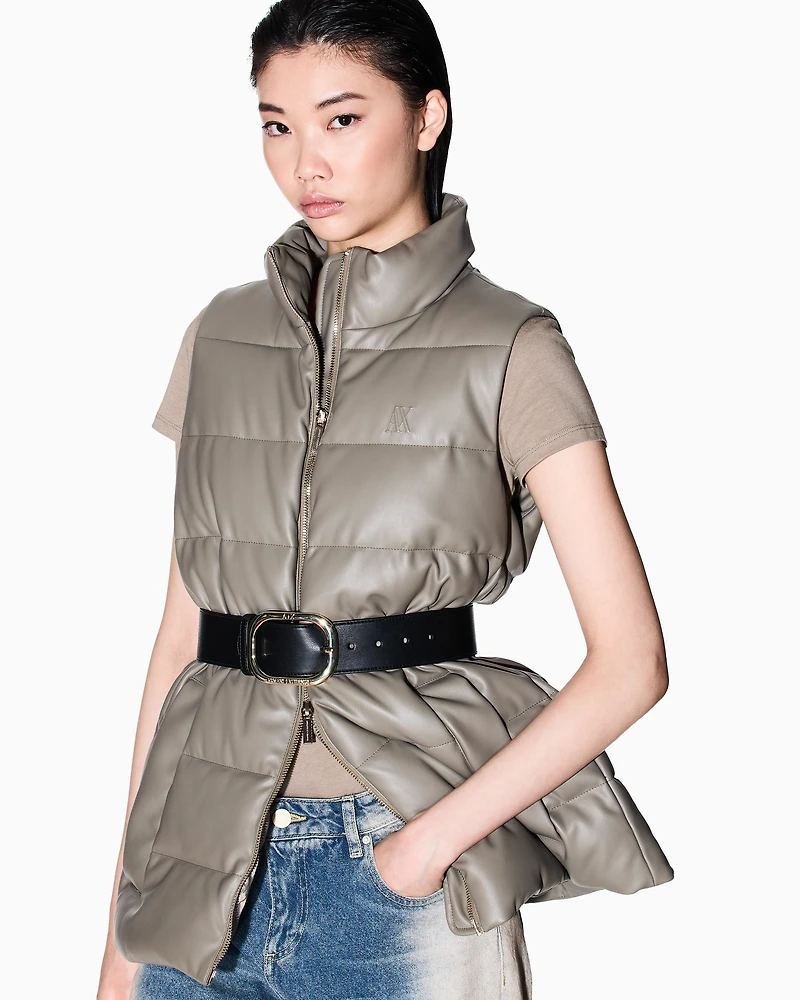 Padded sleeveless jacket with a coated effect