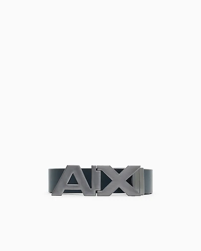 Armani Exchange - Reversible leather belt with satin metal logo buckle, Man, Blue, Size: