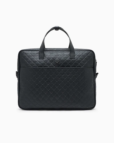 Emporio Armani - Business bag in leather with all-over embossed eagle , Man, Black, Size: TU