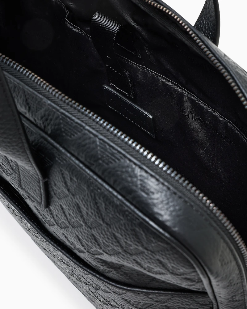 Emporio Armani - Business bag in leather with all-over embossed eagle , Man, Black, Size: TU