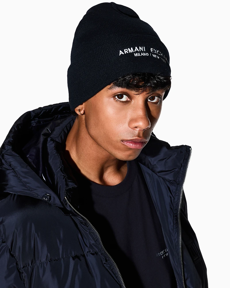 Armani Exchange - Beanie Hat Milano / New York ASV, Man, Navy Blue, Size: TU