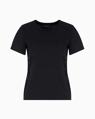 Emporio Armani - ASV Supima jersey T-shirt with tulle inserts, Woman, Black, Size: