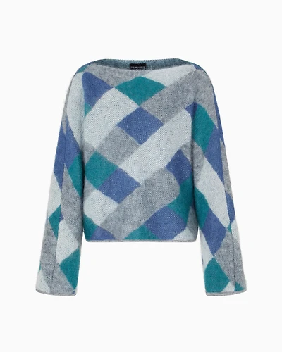 Emporio Armani - Boat-neck jumper jacquard wool-mohair blend with an all-over pattern, Woman, Grey, Size: