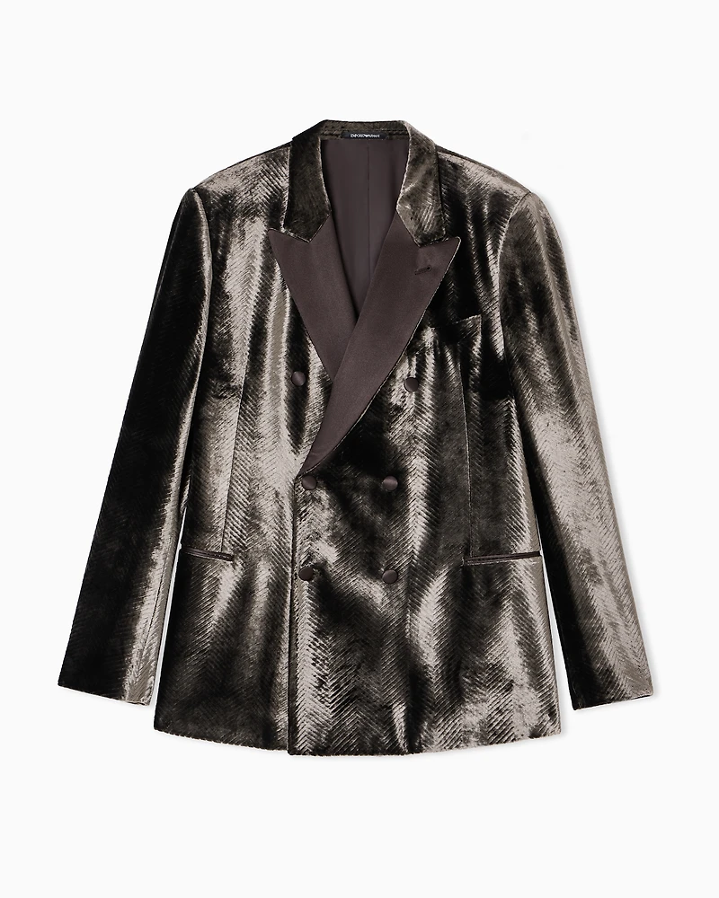 Emporio Armani - Velvet single-breasted jacket with printed chevron motif, Man, Grey, Size: