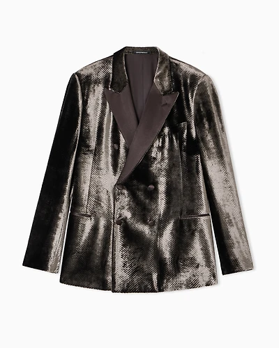 Emporio Armani - Velvet single-breasted jacket with printed chevron motif, Man, Grey, Size: