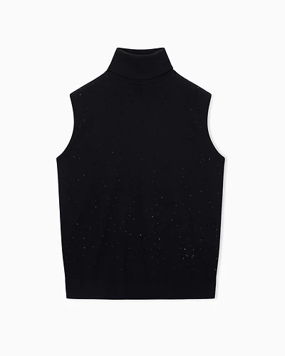 Emporio Armani - Plain-knit virgin wool rollneck top with micro rhinestones, Woman, Black, Size: