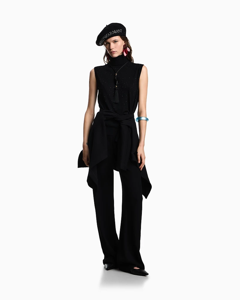 Emporio Armani - ASV palazzo trousers waffle-weave technical fabric, Woman, Black, Size: