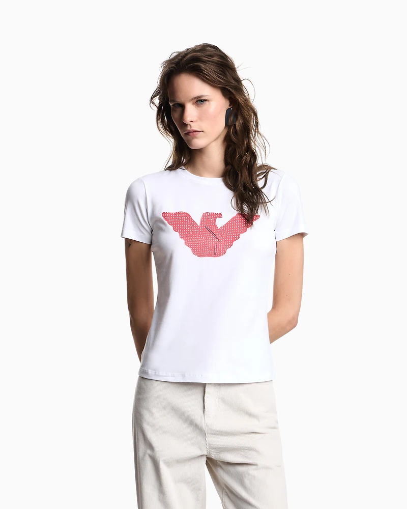 Emporio Armani - ASV stretch-jersey slim-fit T-shirt with oversized eagle pattern, Woman, White, Size:
